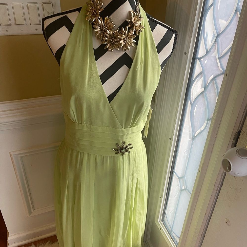 NWT Maggy London 100% Silk Light Green Halter Backless Dress Size 12